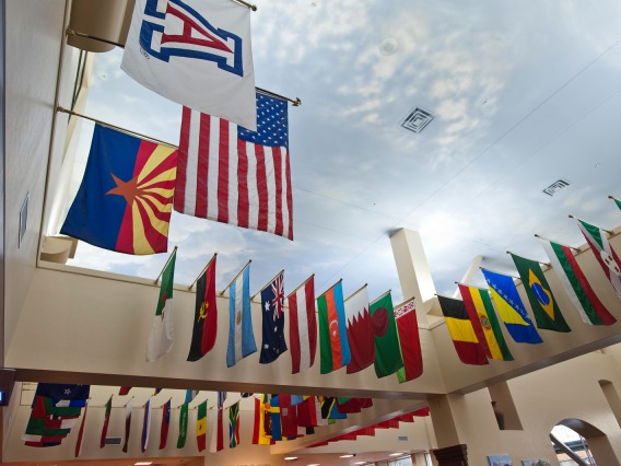 Flags hanging of different countries 