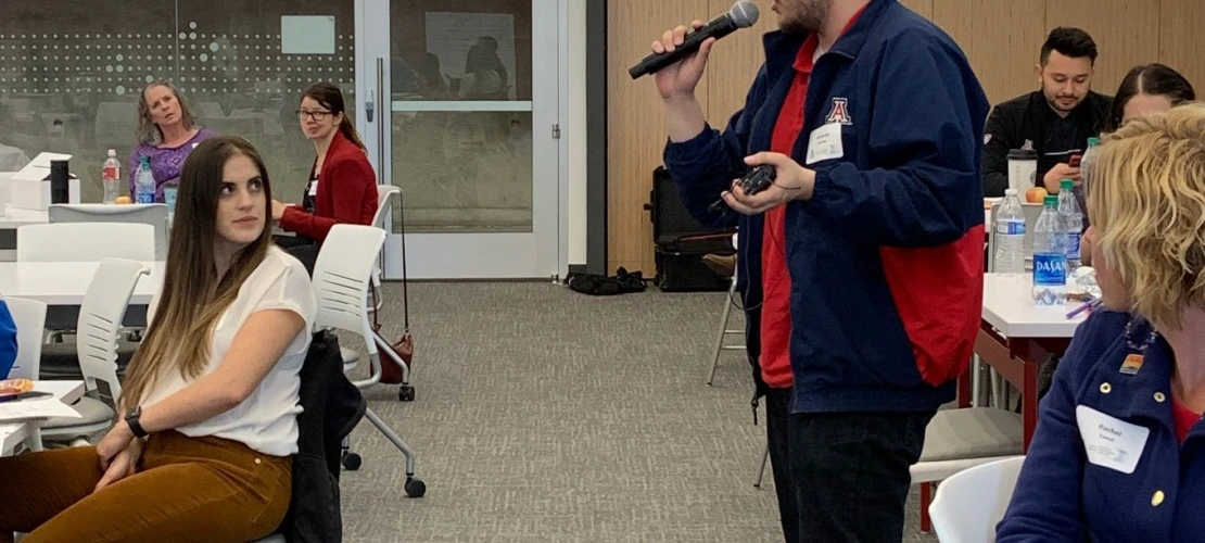 student from the Speech-Language and Hearing Cats organization speaking at the Tonwhall for Equity in STEM